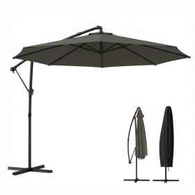 10 ft Offset Patio Umbrella with Cover, Hanging Cantilever Umbrella with 360° Rotation, Crank Handle, Tilt Grayish Brown