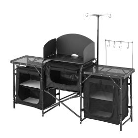 Camping Kitchen Table, Outdoor Camp Cooking Table, Aluminum Portable Cook Station with 3 Storage Cupboard, Carrying Bag, Detachable Windscreen