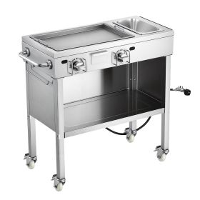 Outdoor Propane Griddle, 2 Burners (11,600 BTU Each), Commercial Stainless Steel Gas Griddle Cart with 4 Lockable Wheels, 1/3 Food Pan