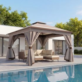 12'x12' Patio Gazebo Outdoor Heavy Duty Party Tent Shelter With Double Roofs, Mosquito Nettings And Privacy Screens For Backyard, Garden, Lawn (Option: Khaki Block)