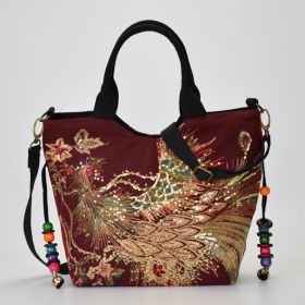 Canvas peacock embroidery small handbag (Option: Wine Red-Ordinary)