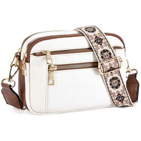 Triple-zipper Shoulder Bag With Floral Embroidered Straps Fashion Colorblock Multi-functional Crossbody Bags For Women (Option: White With Brown)