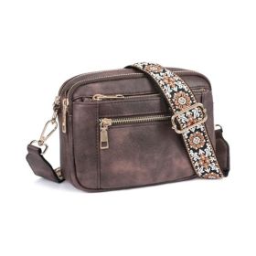 Triple-zipper Shoulder Bag With Floral Embroidered Straps Fashion Colorblock Multi-functional Crossbody Bags For Women (Option: Brown)
