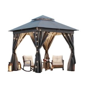 Patio Gazebo 8'x8', Outdoor Heavy Duty Party Tent Shelter With Double Roofs, Mosquito Nettings And Privacy Screens For Backyard, Garden, Lawn (Option: Gray)