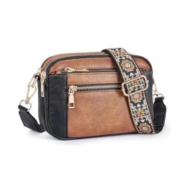 Triple-zipper Shoulder Bag With Floral Embroidered Straps Fashion Colorblock Multi-functional Crossbody Bags For Women (Option: Black Brown)