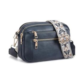 Triple-zipper Shoulder Bag With Floral Embroidered Straps Fashion Colorblock Multi-functional Crossbody Bags For Women (Option: Blue)