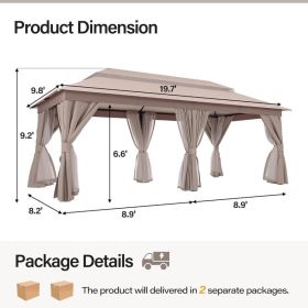 Patio Gazebo 10'x20', Outdoor Heavy Duty Party Tent Shelter With Double Roofs, Mosquito Nettings And Privacy Screens For Backyard, Garden, Lawn (Option: Khaki)