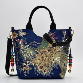 Canvas peacock embroidery small handbag (Option: Dark Blue-Ordinary)
