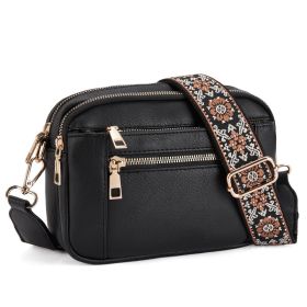 Triple-zipper Shoulder Bag With Floral Embroidered Straps Fashion Colorblock Multi-functional Crossbody Bags For Women (Option: Black)