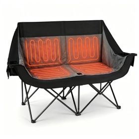 Black Dual Person Heated Folding Camping Chair 4 Heating Zones 3 Temperature Levels, Heavy Duty 660 LBS Double Outdoor Loveseat with Cup Holders (Option: Default title)