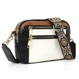 Triple-zipper Shoulder Bag With Floral Embroidered Straps Fashion Colorblock Multi-functional Crossbody Bags For Women (Option: White Black Brown)